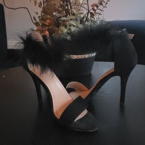 Black Suede Feather Ankle-Strap Heels
